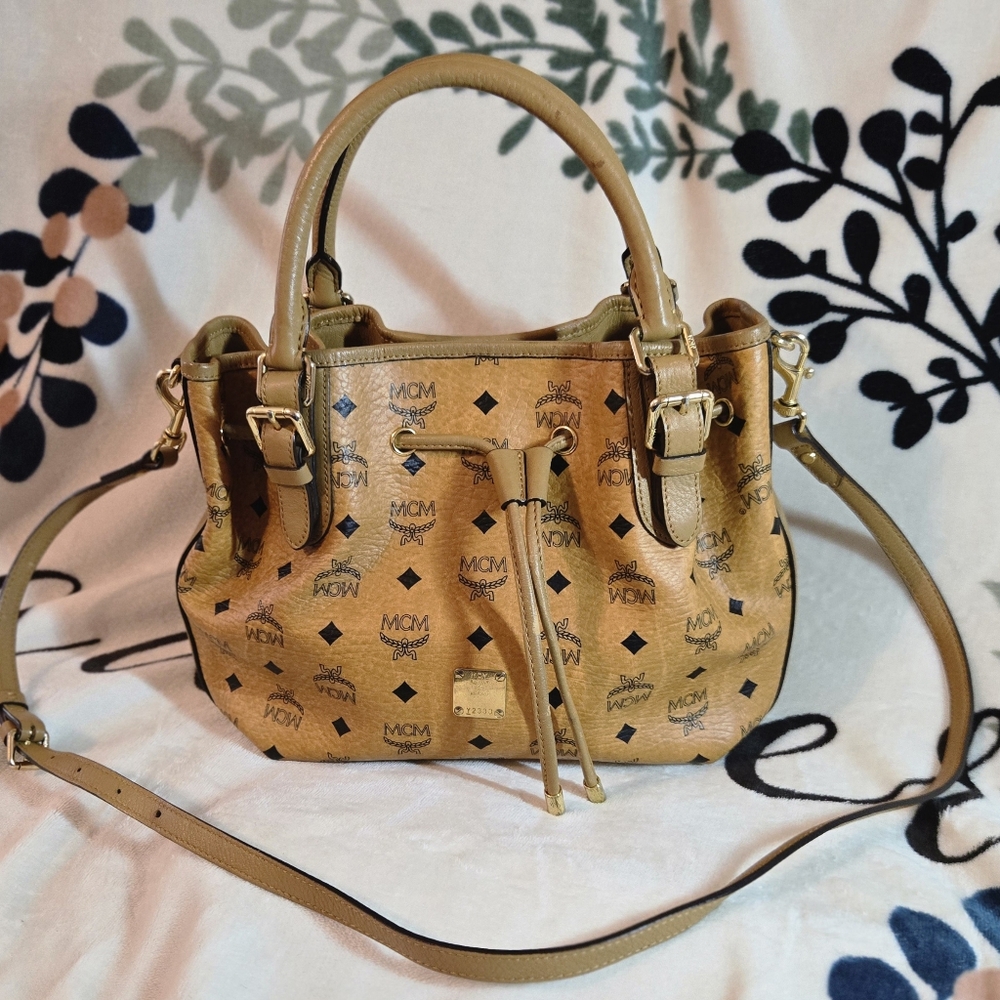 💯 Authentic MCM Cognac Visetos and Leather Two-way Bucket Handbag